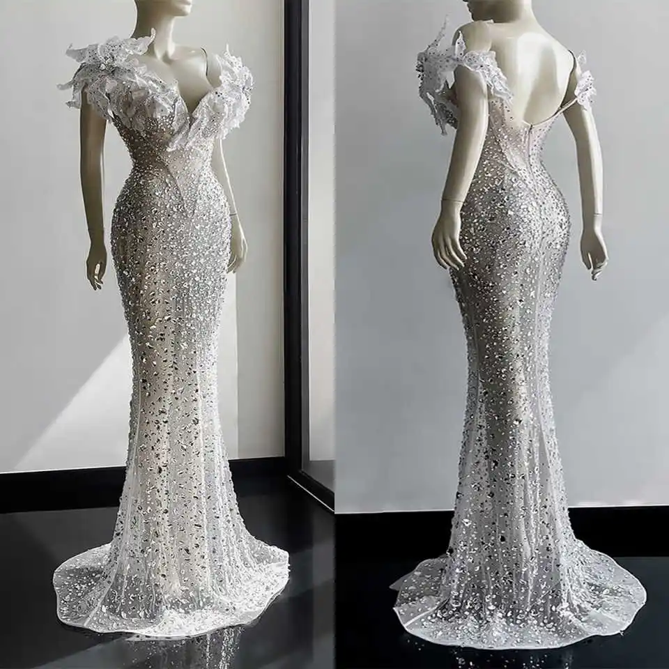 Illusion Wedding Dresses Mermaid Off Shoulder Rhinestones Crystals Backless Sweep Train Bride Dresses Robe de mariée Customized