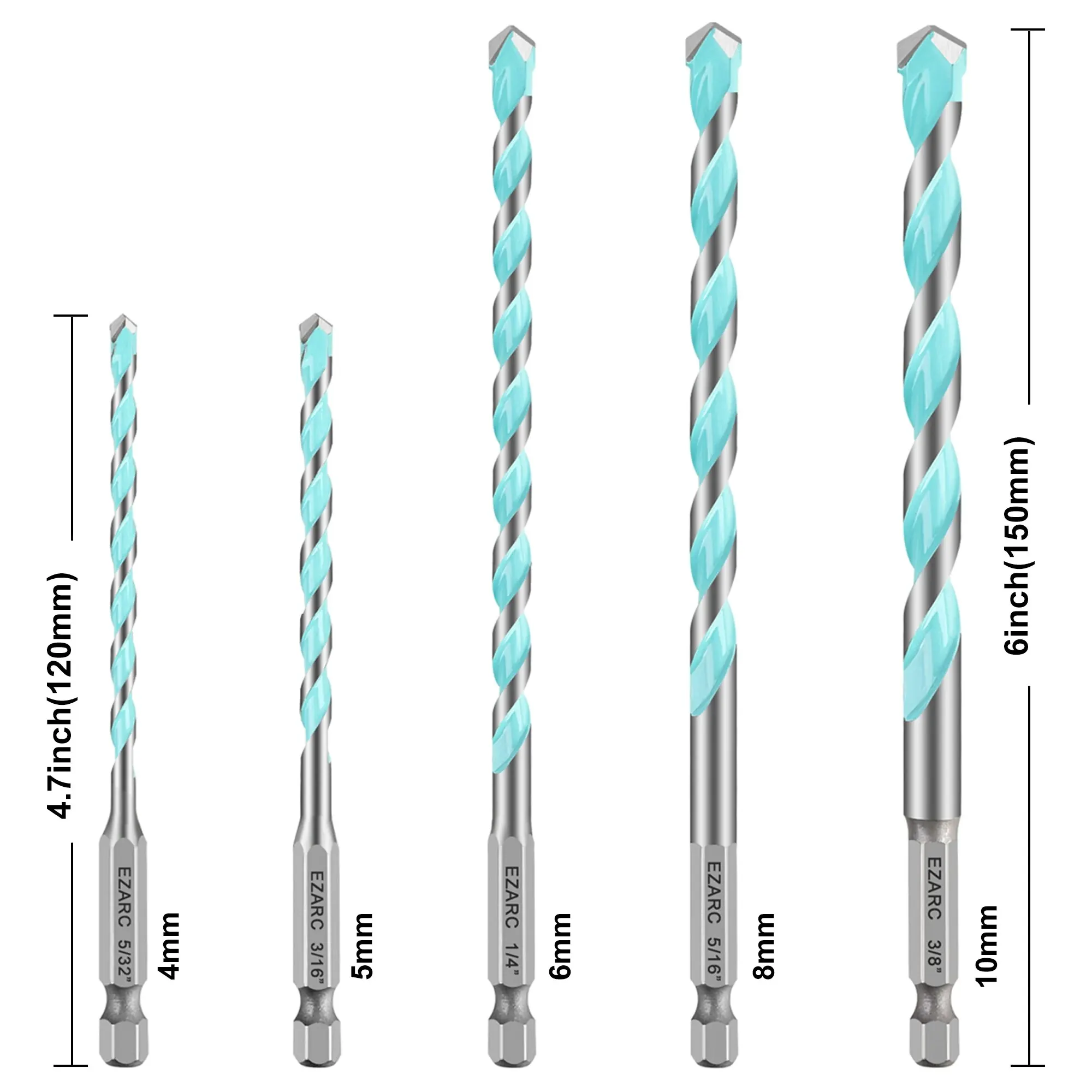 Набор твердосплавных сверл EZARC 5 шт., метрические/SAE многоцелевые сверла с шестигранным хвостовиком для металла, каменной кладки, деревянного блока, кирпича и пластины