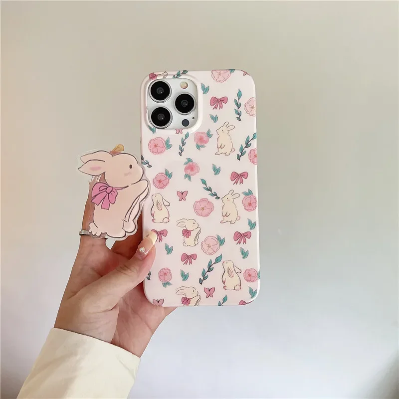 Słodki różowy króliczek muszka Kwiat bracket kreskówka Etui na telefon do iPhone'a 16 15 14 13 11 12 Pro Max Xr 14 Plus etui Cute Soft Cover