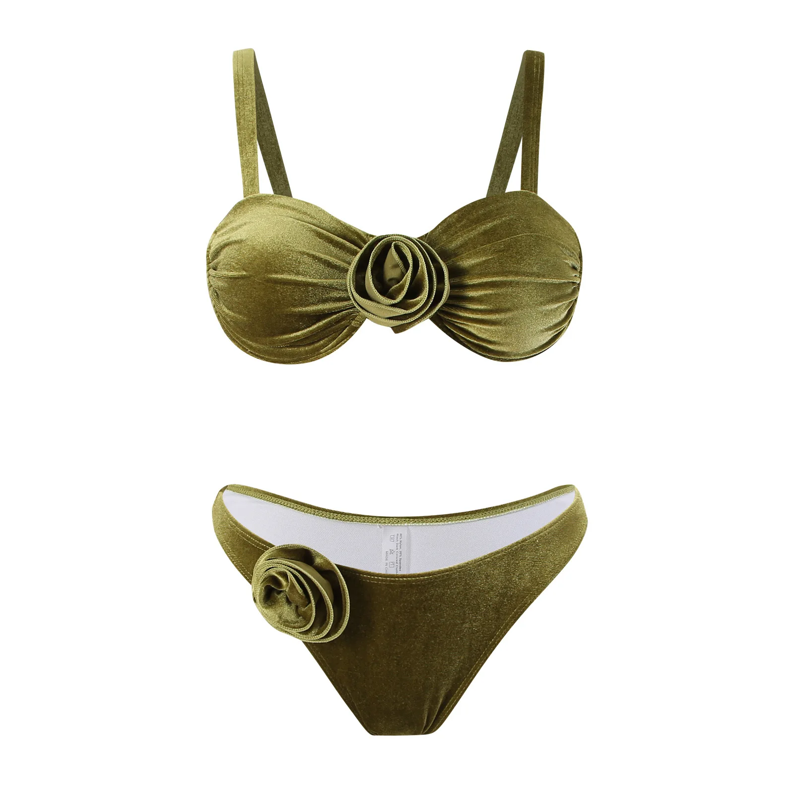 Conjunto de microbikinis de terciopelo con realce, traje de baño de dos piezas con Tanga acolchado y flores verdes en 3D, bañador sexy para mujer