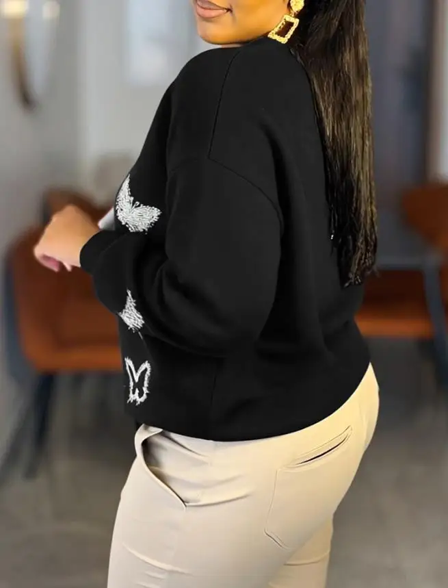 

Top Women 2025 Spring Autumn New Fashion Butterfly Rhinestone Long Sleeve Round Neck Sweatshirt Casual Loose Fit Daily Top