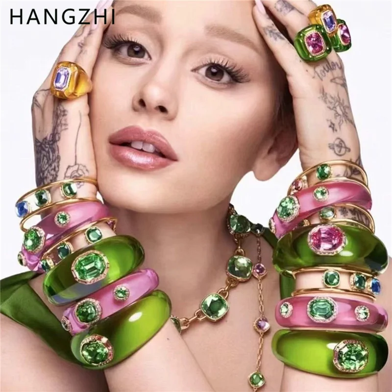 HangZhi Sweet Geometric C-shaped Rhinestone Resin Open Bracelet Personalized Colorful clear Cuff Bangle Jewelry for Women New