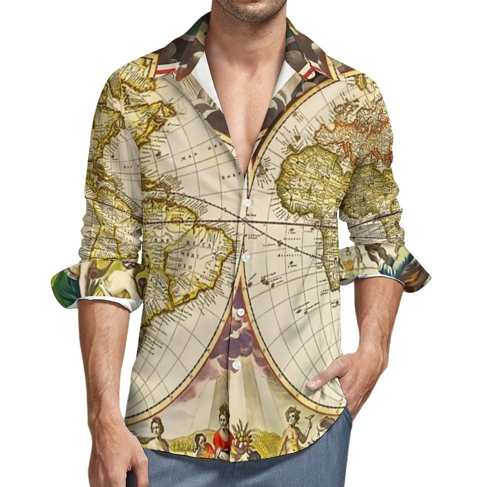 Fashion Earth Map Street Style Casual Shirt Men Vintage 3D World Map Print Shirt Autumn Vintage Blouses Long Sleeve Graphic Tops