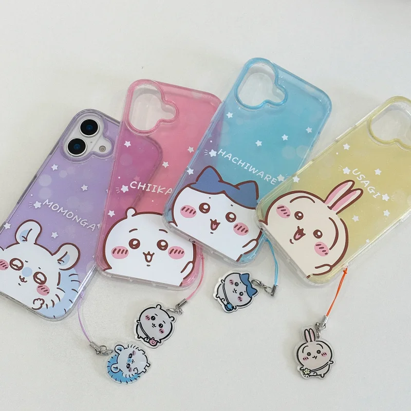 Chiikawa Gradient Glitter Phone Case for iPhone 17 Pro Max 16 15 14 13 12 11 Cartoon Usagi Hachiware Momonga Cover with Charm