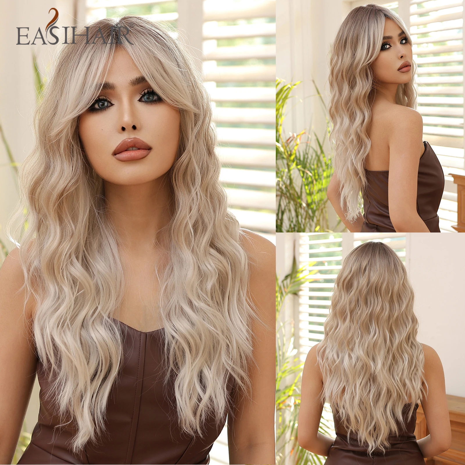 Light Blonde Ombre Synthetic Wigs for Women Long Wavy Wig with Bangs Dark Root Body Wave Wig Daily Party Heat Resistant Hair