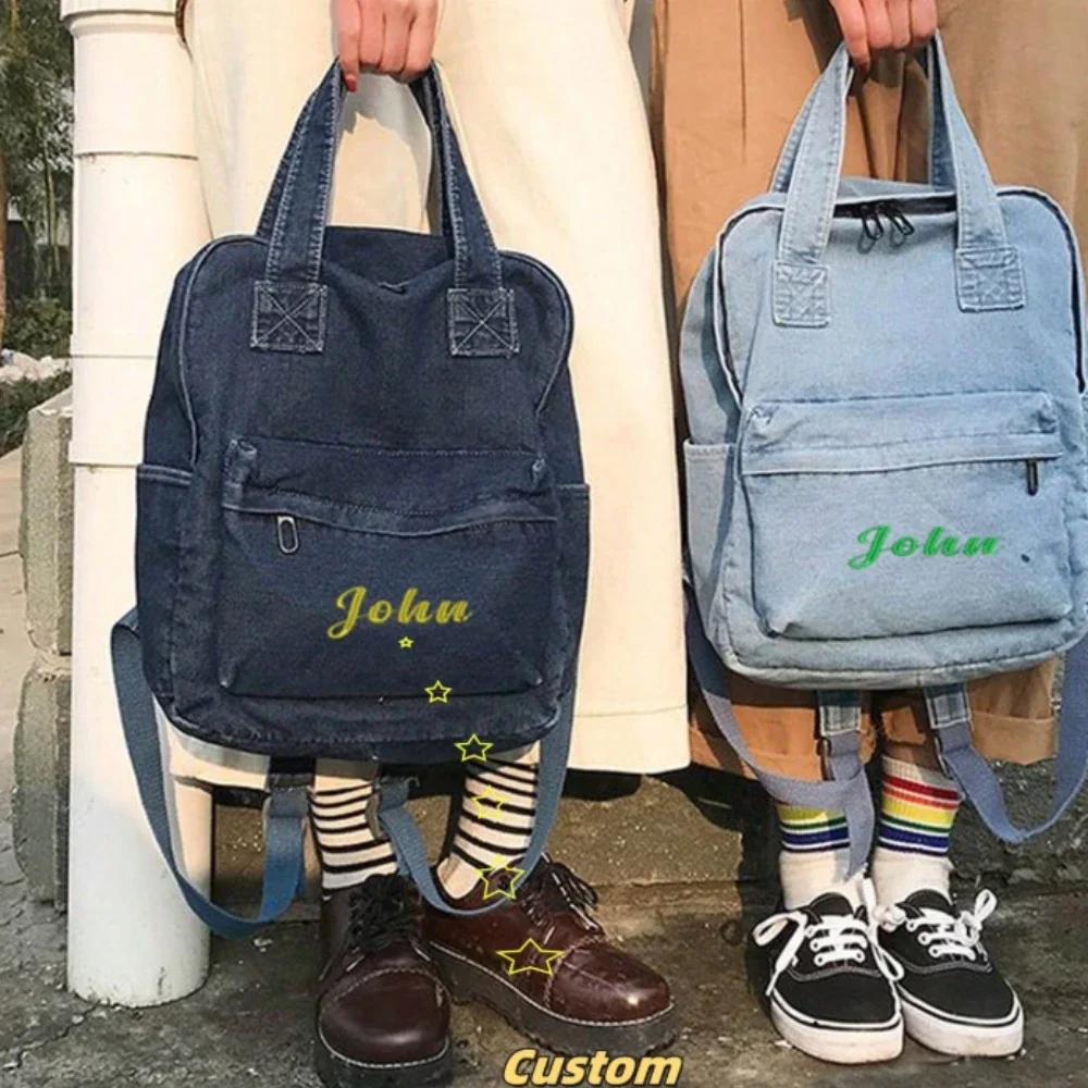 Personalized Name Denim Canvas Backpack Custom Embroidered Name Large Capacity Schoolbag Boys Girls Birthday Gift Travelling Bag