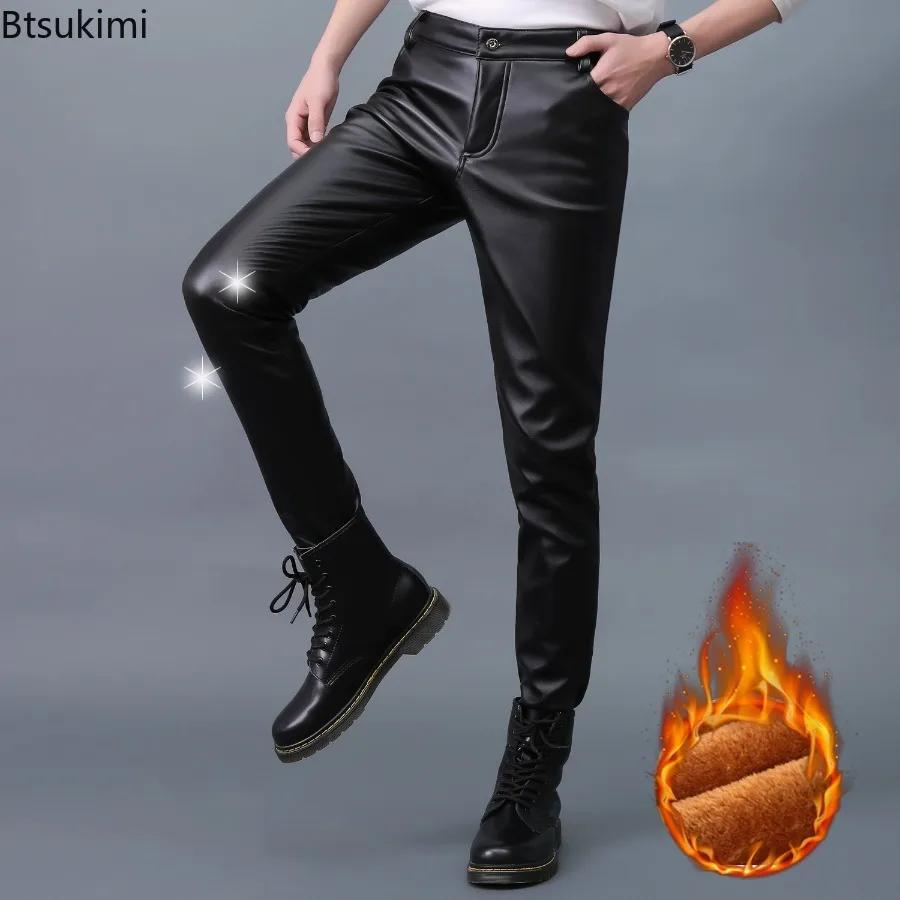 

New Men's PU Leather Pants Stretch Slim Fit Fashion Casual Motorcycle Leather Pants Autumn Winter Waterproof Warm Trousers 28-40