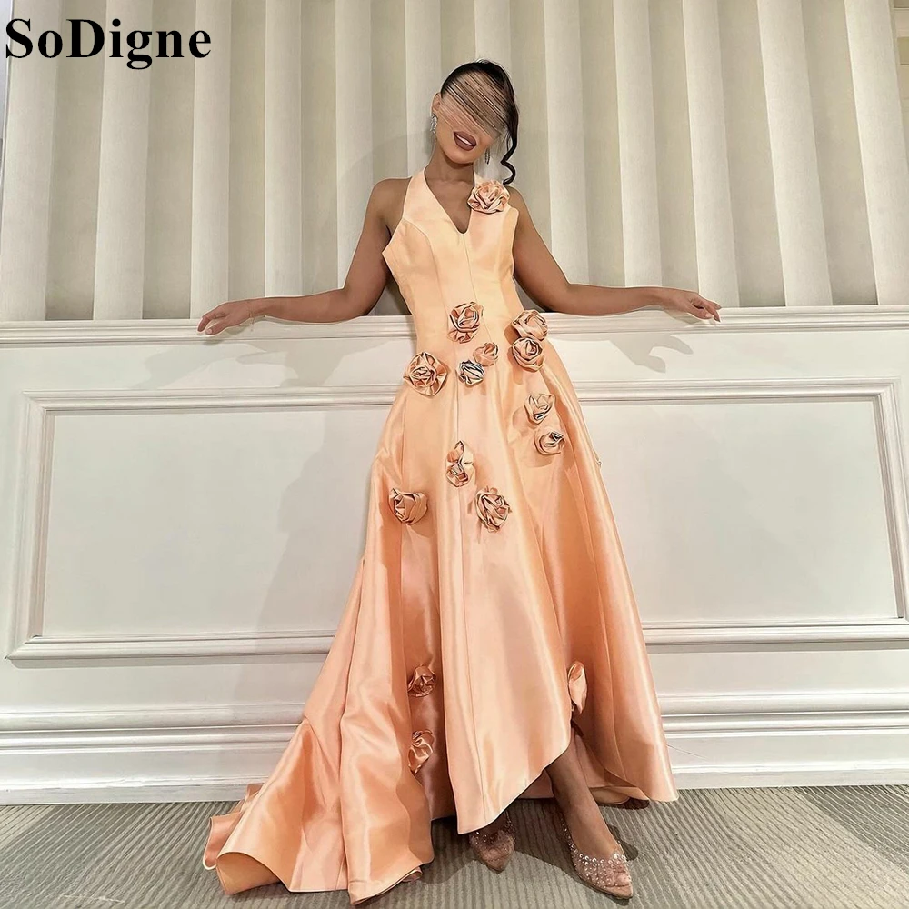 

SoDigne Peach Satin Evening Dresses V-Neck 3D Flowers A-Line Pleated Sleeveless Party Dress 2024 Elegant Prom Gowns Customized