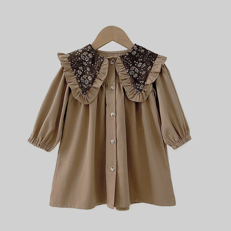 2026 Frühling Mädchen Kleid 2-6Y Kinder Prinzessin Kinder Party Braun Kleider Neue Lange ärmeln Baumwolle Retro Revers Mi Party Süße kleid – Detail 8