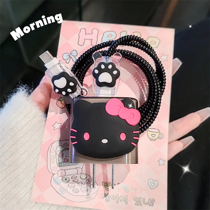 

4pcs/set New Hellokitty Cable Protective Case Black Sanrio 20W for Iphone 15 14 Anti-fracture Cartoon Charger Protective Case