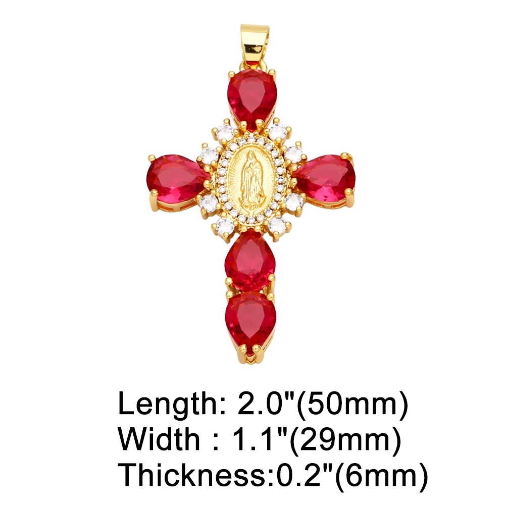 OCESRIO Large Multicolor Crystal Cross Pendant for Necklace Copper Gold Plated Virgin Mary Jewelry Making Component pdtb070