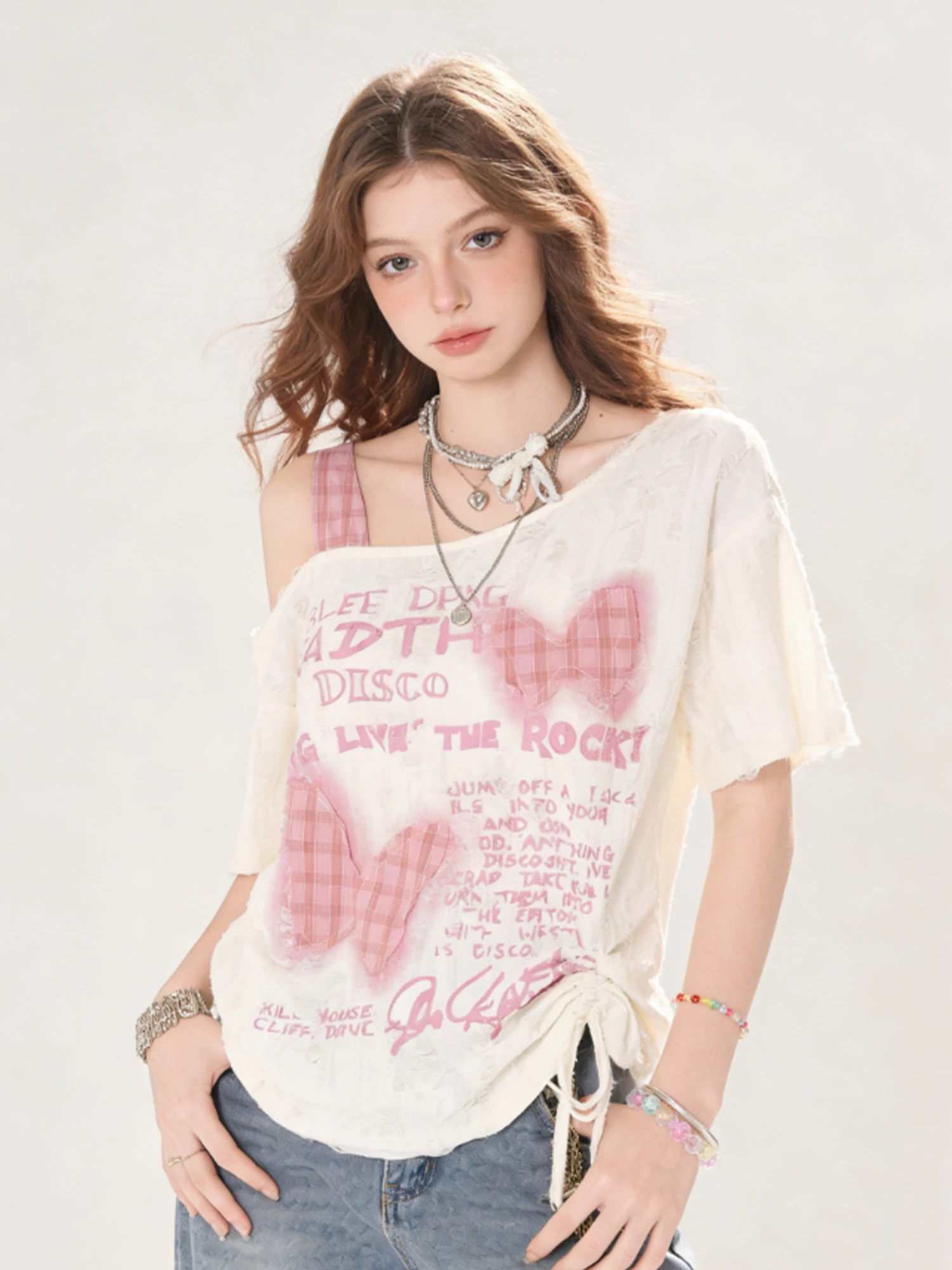 Women's Apricot Y2K T-shirt Vintage Aesthetic Short Sleeve Ripped Off Shoulder Letter Print T-Shirt Shoujo Girl Tee Top Summer