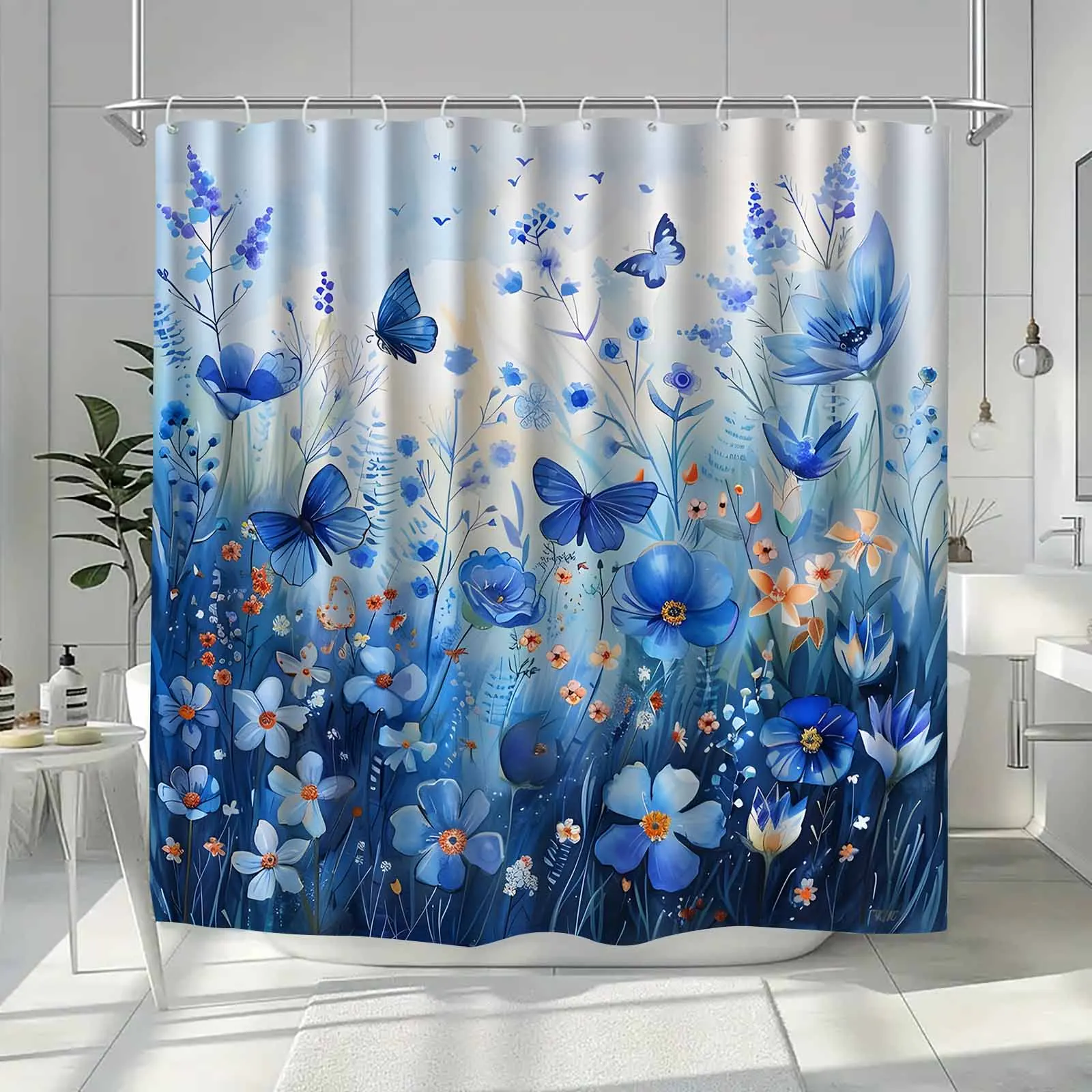 

Blue Floral Butterfly Shower Curtain With Watercolor Design Elegant Garden Decor Modern Bathroom Accessory Artistic Bath Style