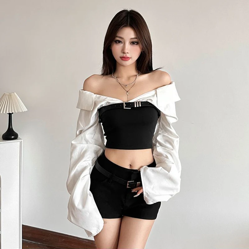 Y2K Slash Neck Shirts Women Streetwear Cropped Patchwork Long Sleeve Blouses Fashion Korean Sexy Off Shoulder Design Crop Tops