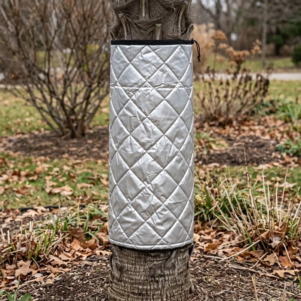 Tree Trunk Protection Blanket Quilted Winter Cover with Drawstring for Cold Climate Use 100x100cm Silver Cotton Material
