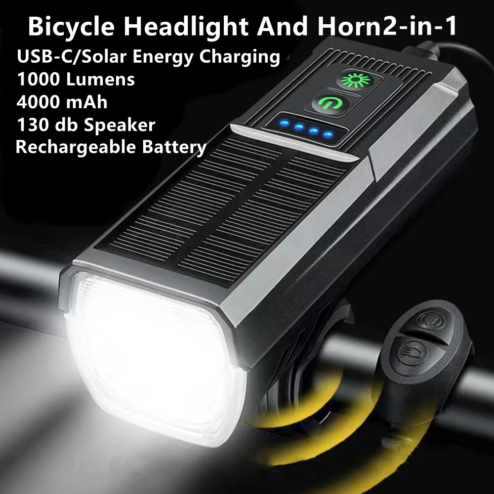 

Bike Front Light with Horn 130dB 8 Modes Lights USB Solar Rechargeable Waterproof Bicycle Headlights MTB Cycling Lamp 1000 lumen