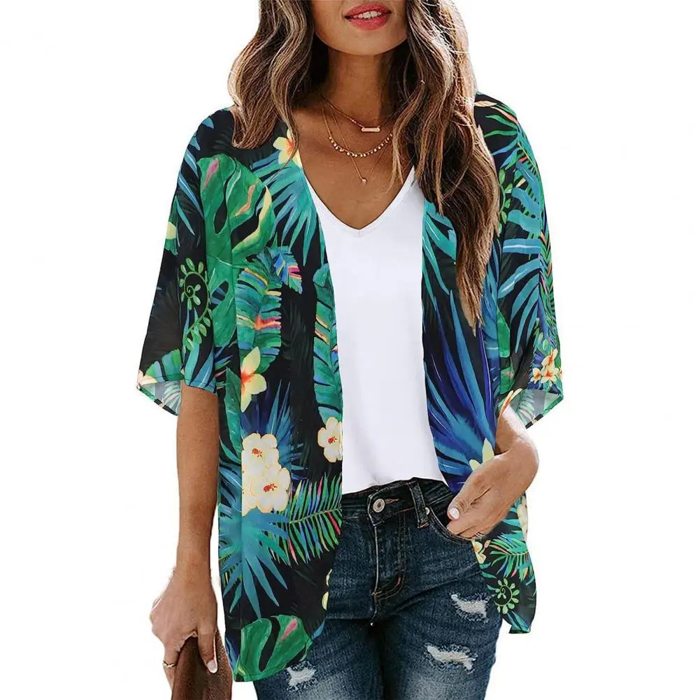 

Lightweight Beach Cover Up Flower Print Women's Beach Cover-up Top with Sun Protection Breathable Fabric Short Sleeve for Lady