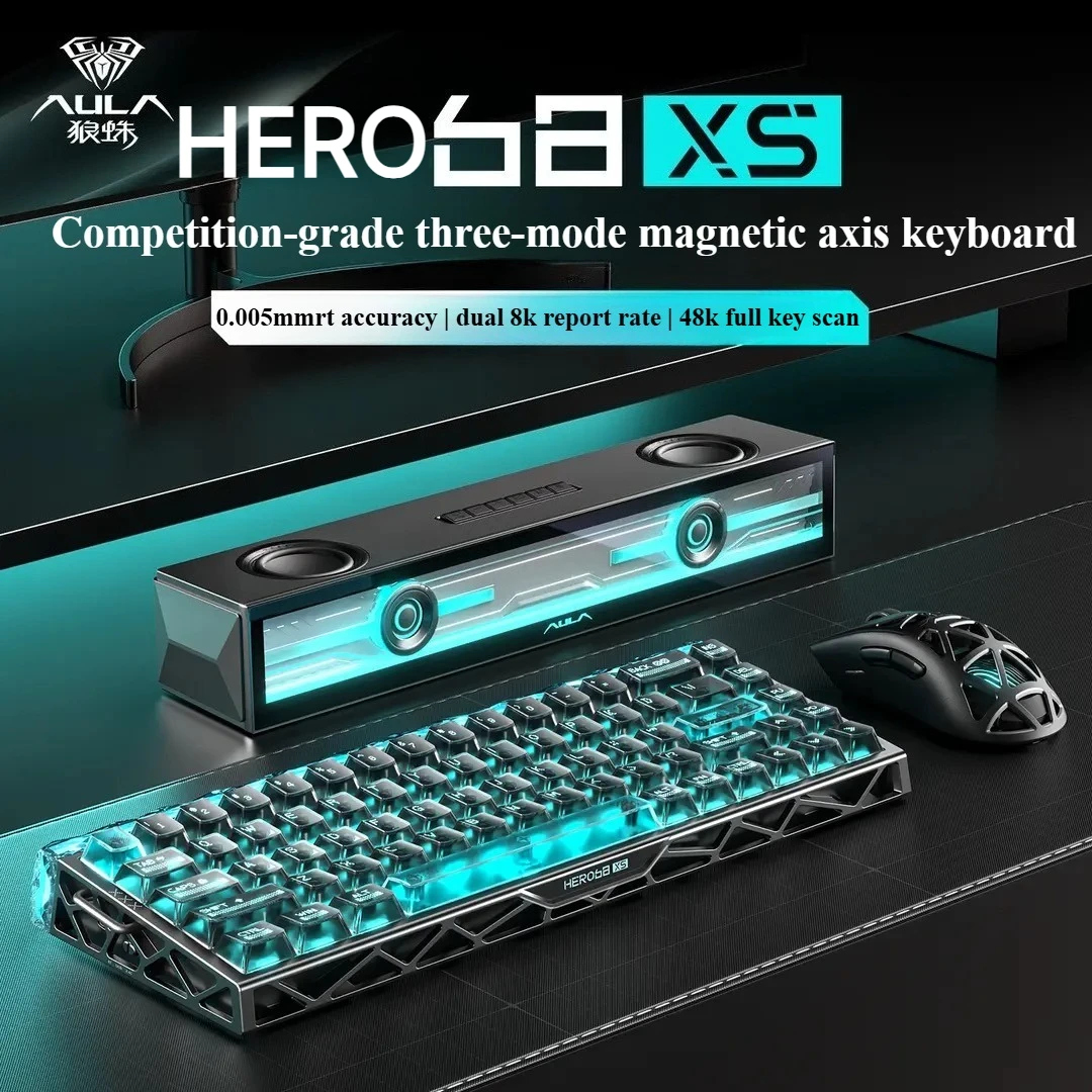 New AULA HERO68 XS 68 Keys Magnetic Axis Gaming Keyboard, Three-Mode, 0.005mm Accuracy, Dual 8K, RGB Backlit for Esports Gamers