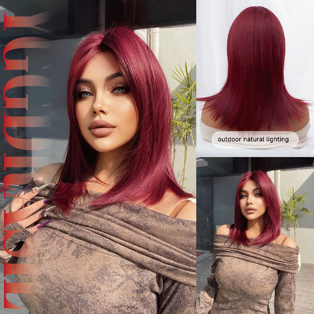

18Inch Soft Rose Red Fantasy Style Synthetic Wigs Middle Part Medium Straight Hair Wig For Women Cosplay Party Heat Resistant