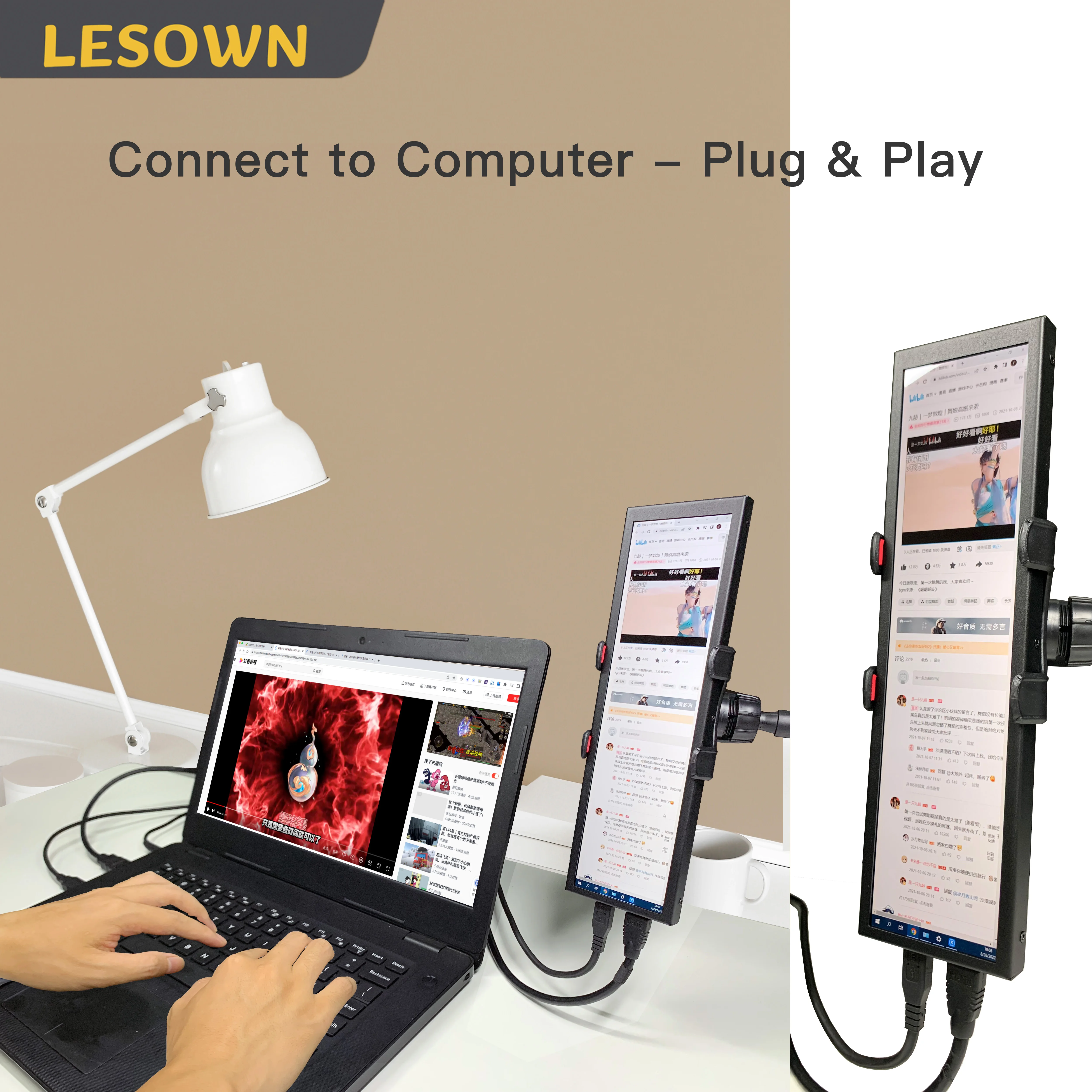 LESOWN Portable Small Bar Monitor 8.8 Inch Stretched Display Ultra Slim External Secondary Screen for Laptop Extra Side Display