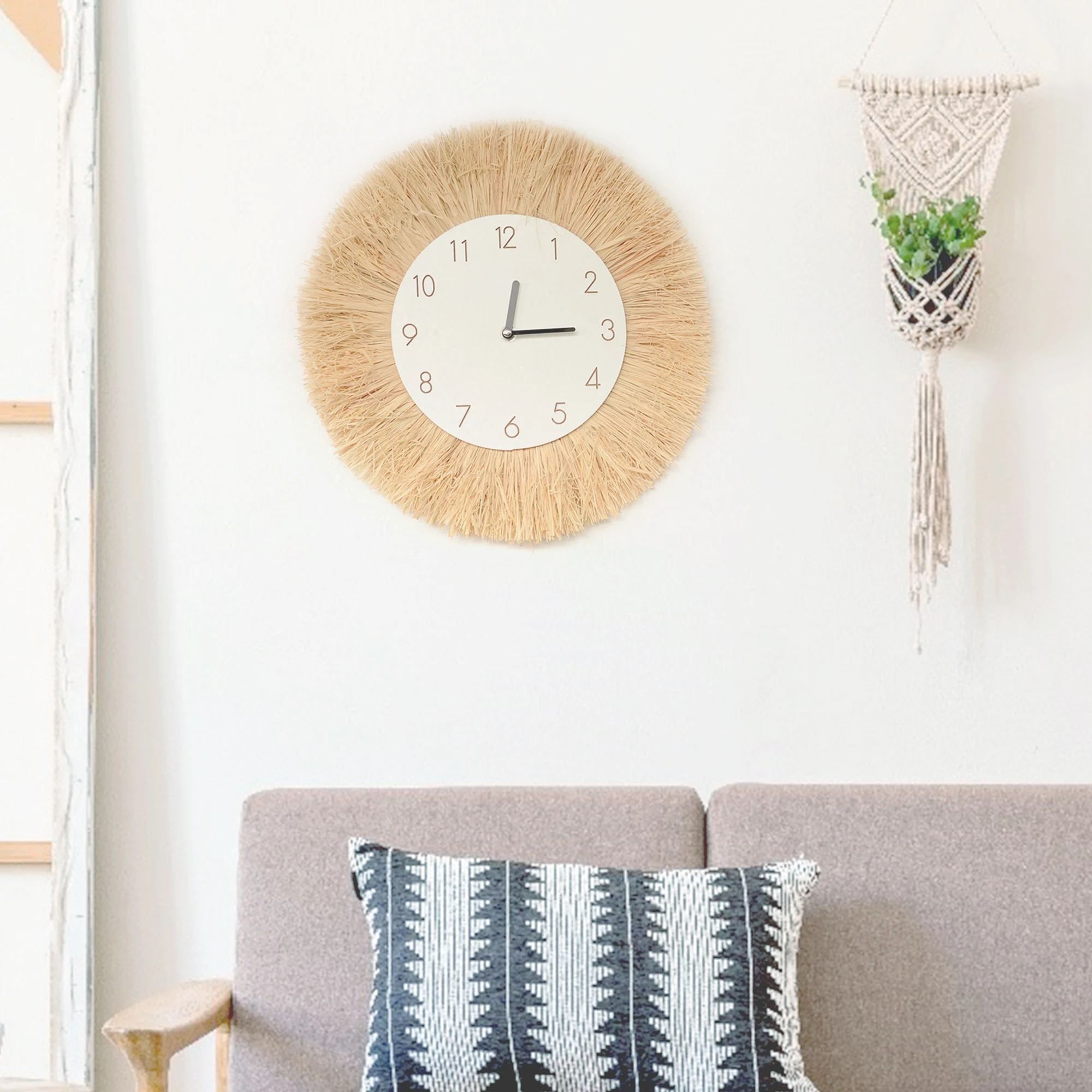 ساعة قش بوهو منسوجة يدويًا للديكور المنزلي ، تعليق حائط مكرمي ، مرايا ، غرفة نوم