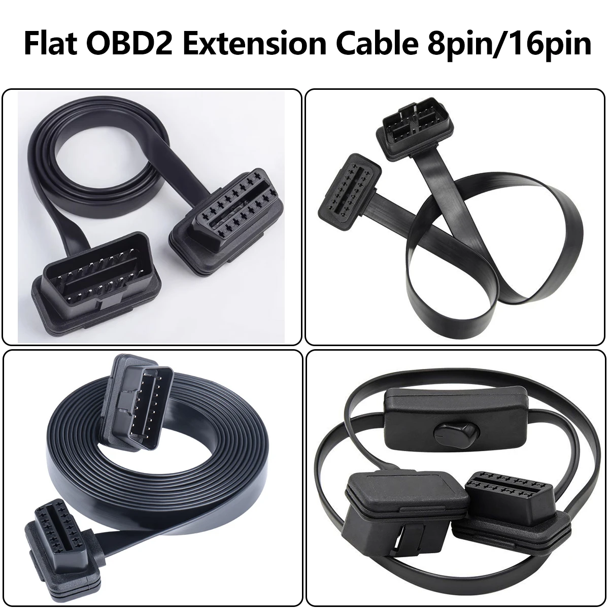 8Pin OBDII Connector Extension Cable 16Pin OBD OBD2 16PIN Male to Female Connection Flat+Thin as Noodle ELM327 Diagnostic Cable