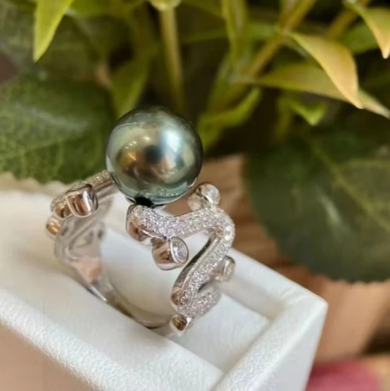 Designer 10mm Tahitian Black Green Pearl Ring Sterling Silver 925 Women's Wedding Jewelry round Pearl Rings