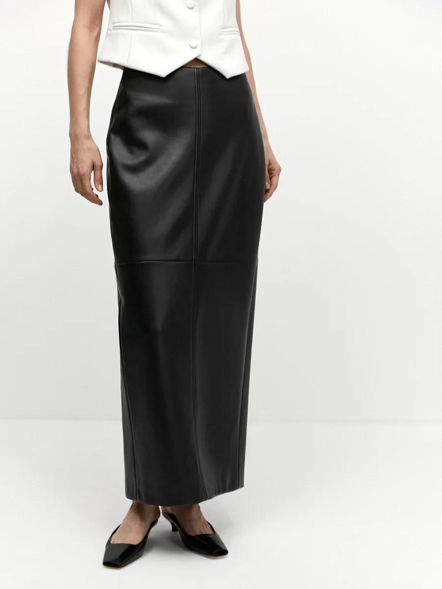 2024 Sliver PU Leather Maxi Skirt High Waist Pencil Skirts Vintage Women Streetwear Split Sheath Pencil Skirts Female Classic