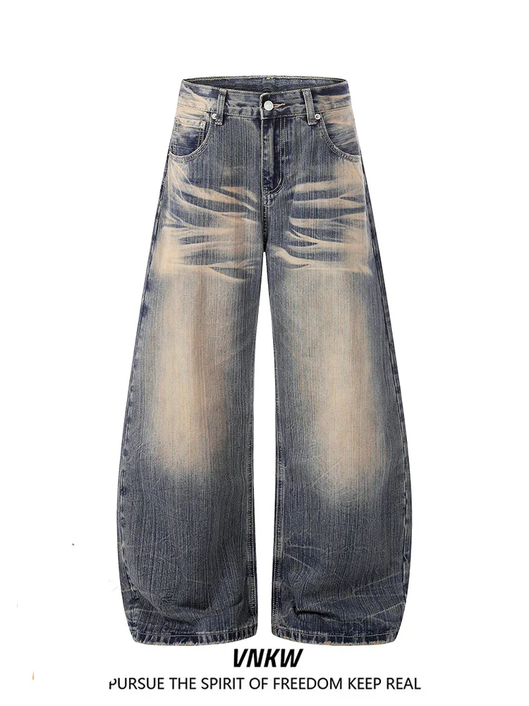 

Retro American Waed Pattern Wide Leg Jeans Men Women Heavy Du Loose Fit Casual Straight Cut Spring Season Cotton Blend