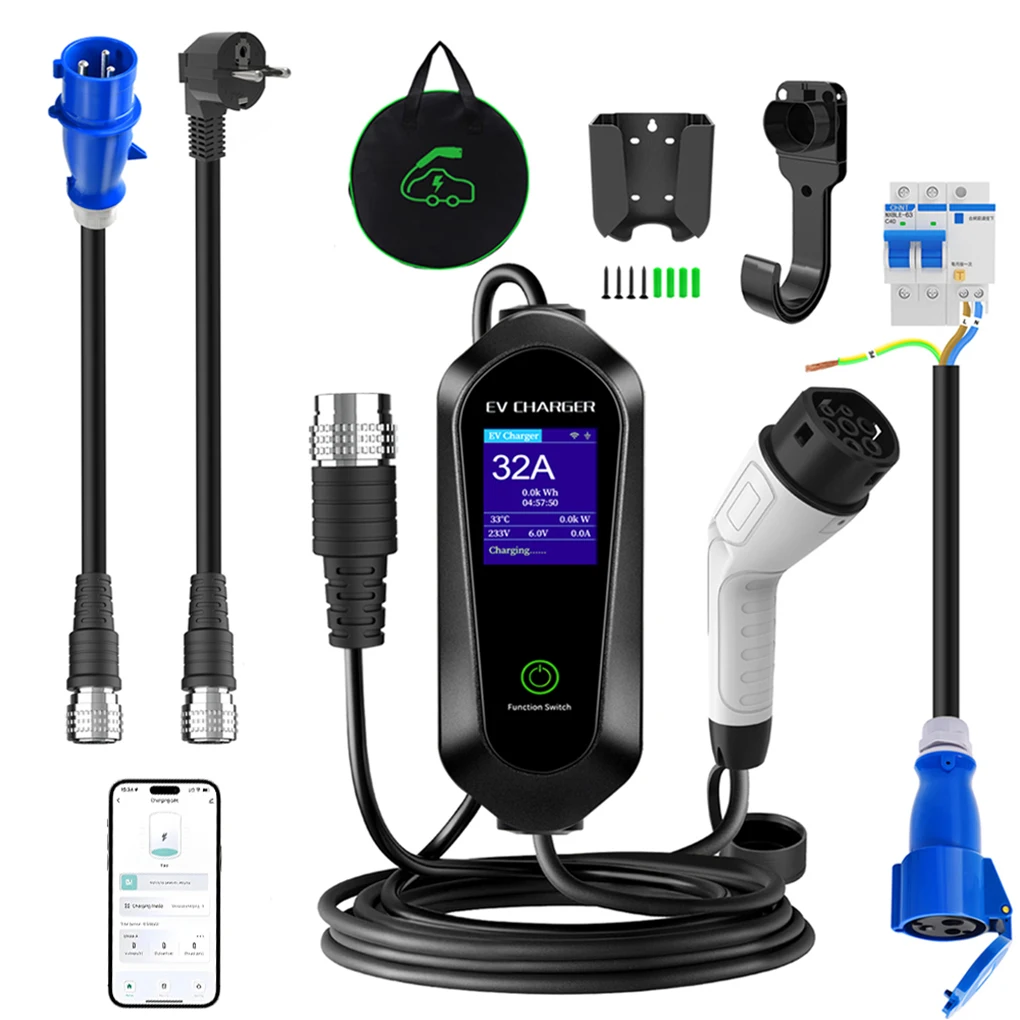 

Car Portable Wall Charger Auto Recognition 32A 7KW 5M Single-Phase Type-2 EV Charger LCD Display With Carrying Bag/Hook/Bracket