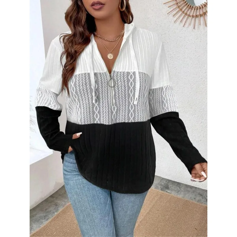 

Plus Size 1XL-5XL Women Fashion Hooded Zipper Full Sleeve Tops Ladies Elegant Tees T-Shirts Drawstring Casual Streetwear