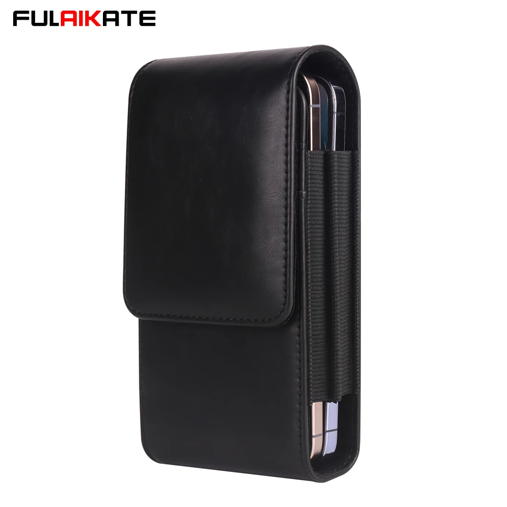 Dual Layer Vertical Waist Phone Bag for iPhone 16 Pro Max Men's Card Pocket Leather Pouch for Samsung S24 Ultra 6.7-6.9