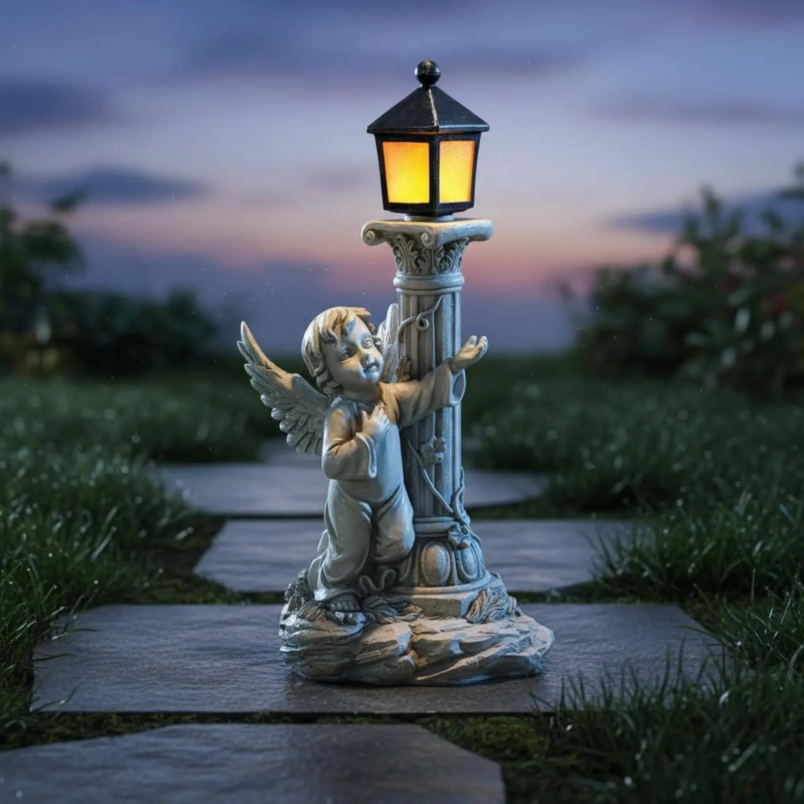 Roman Pillar Angel Statue Weather Resistant Garden Angel Lantern Solar Garden Ornament for Patio view 4