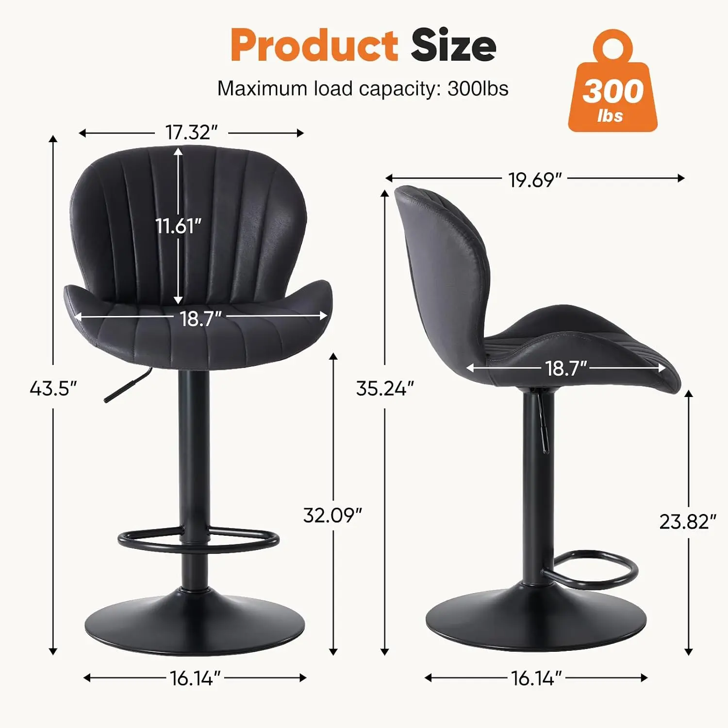 Bar Stools Set of 4, Swivel Adjustable Height Fabric Bar Chair | Barstools Counter Height, Backrest, Armless, Upholstered