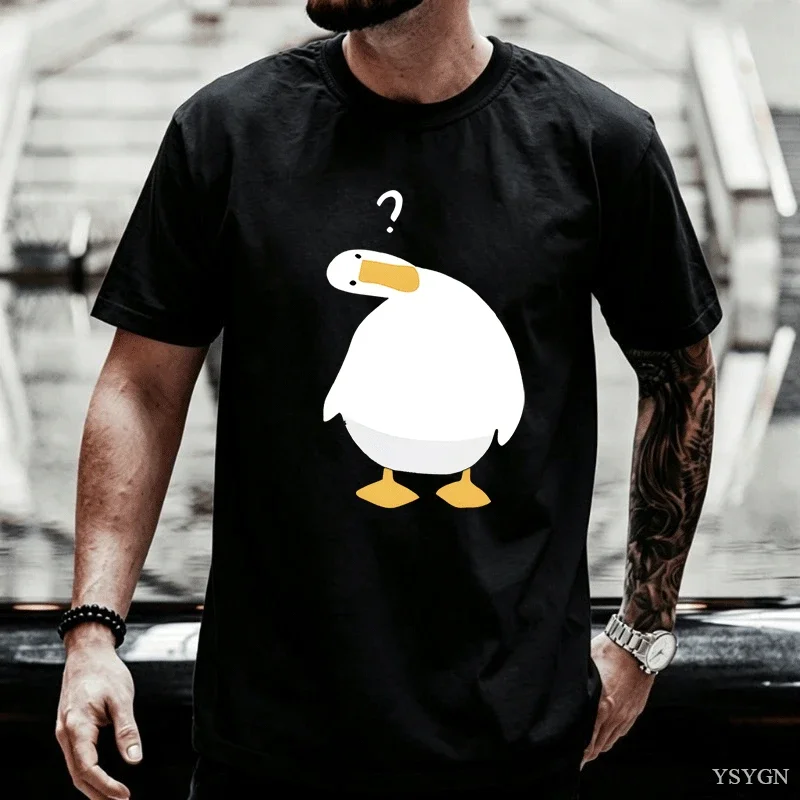 Cartoon Confused Goose Mens T Shirt Funny Question Mark Bird Animal Graphic Tee Short Sleeve Casual Daily Holiday Ladies Tops