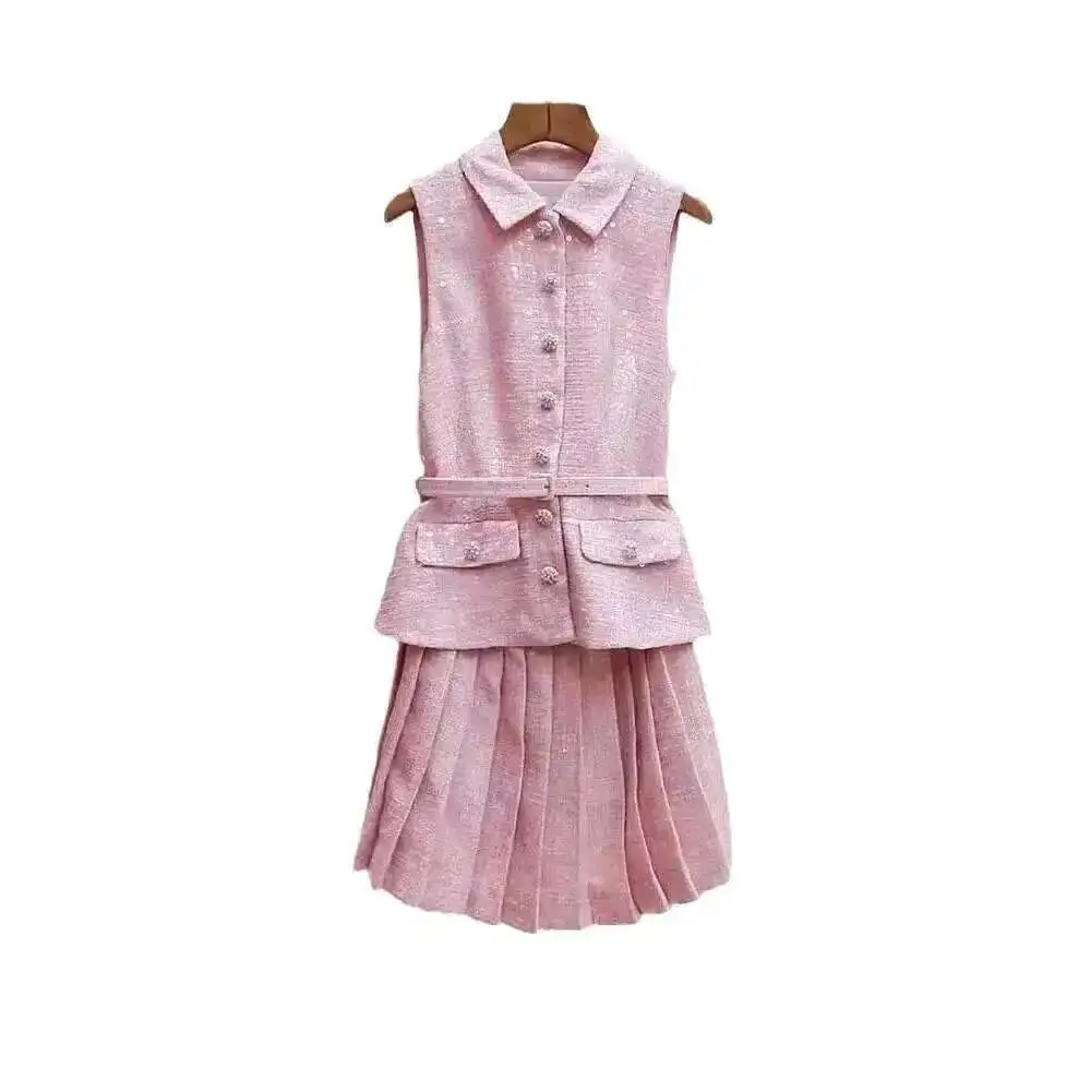 Luxury Pink Short Sequins Dress Tweed Two Piece Set Women\'s Jacket Pleated Short Skirts Suits Single Breasted Top Party Vestidos