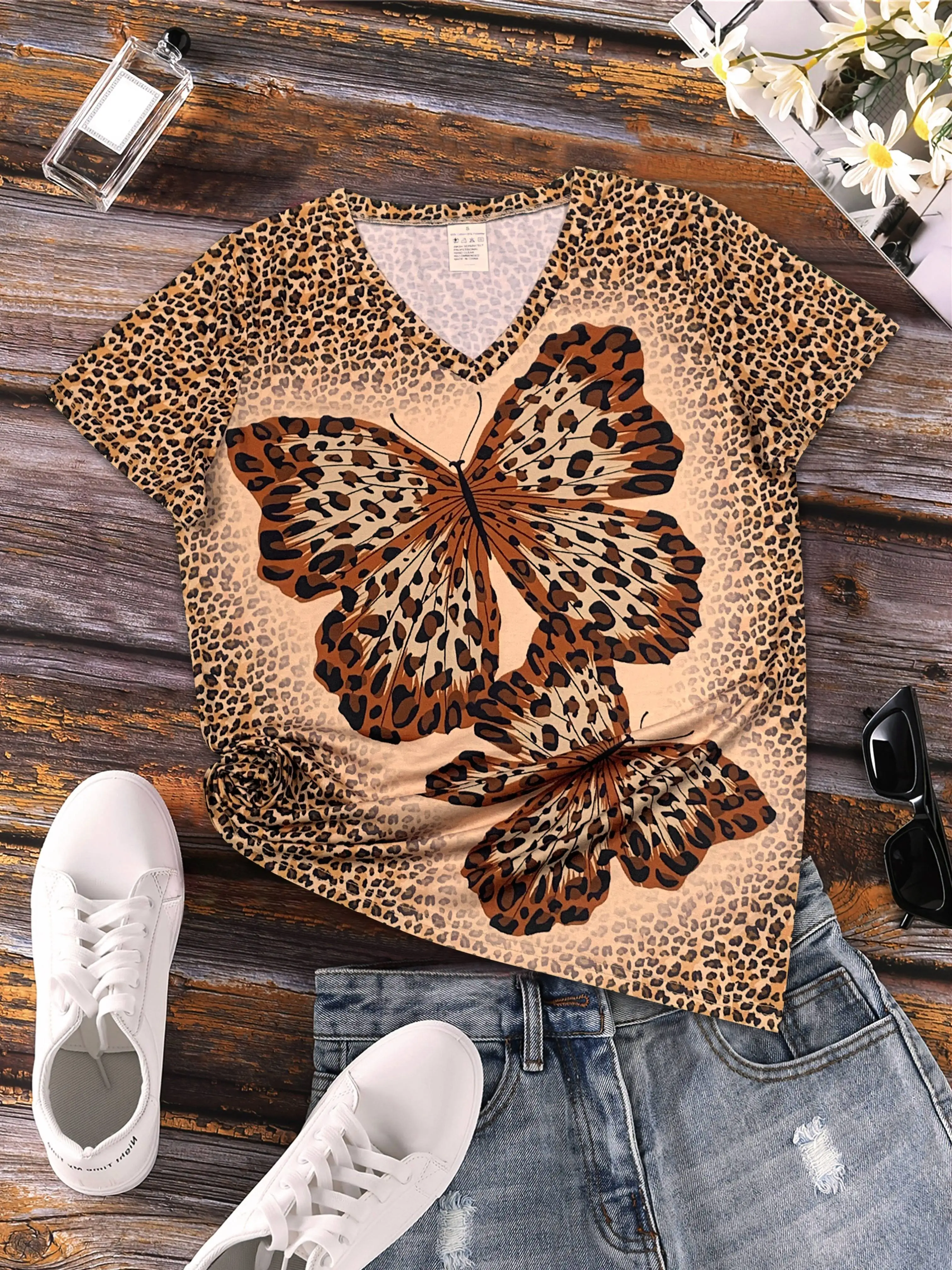 2024 New Style T-shirt For Women Butterfly Leopard Print Tees Blouse Oversized T-Shirt Summer Women\'s Clothing Short Sleeve