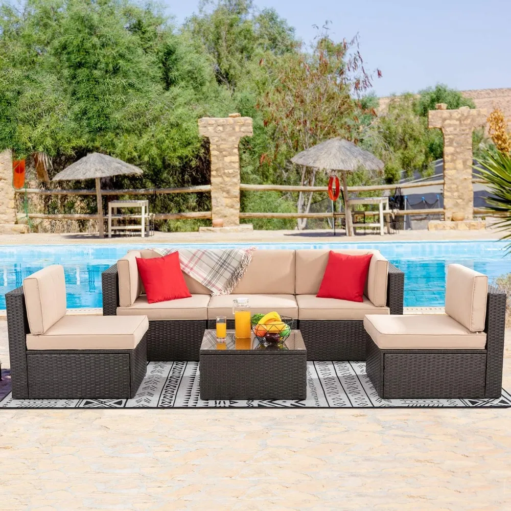 

6-piece small patio furniture set, all-weather PE wicker rattan set sofa with glass table, cushions and red pillows (beige)