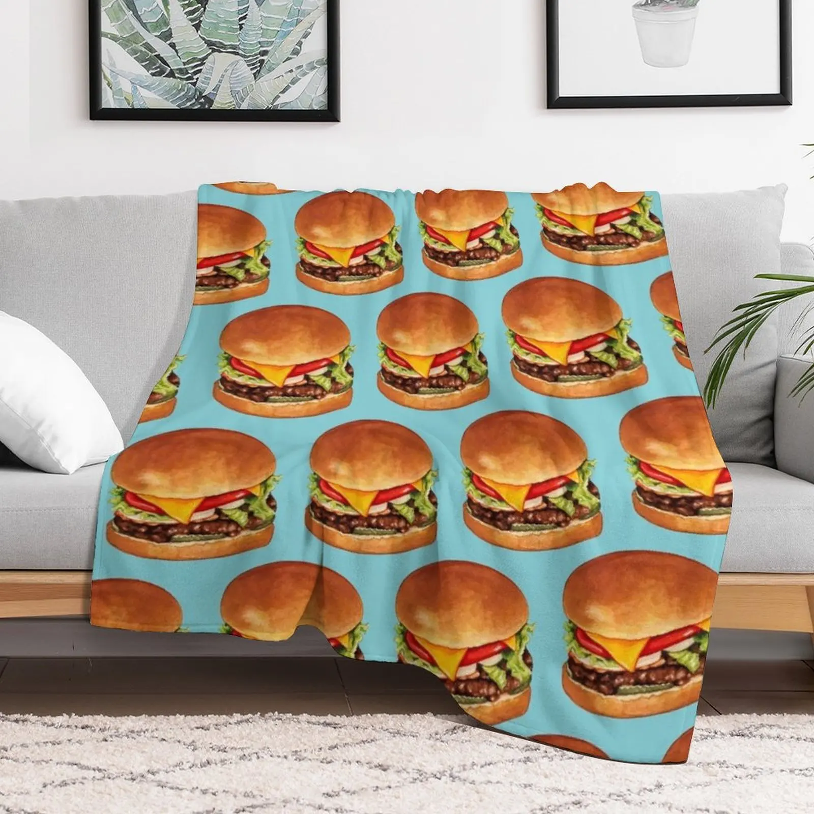 Cheeseburger Pattern 4 - Blue Throw Blanket wednesday Flannel Fabric Bed christmas decoration Blankets