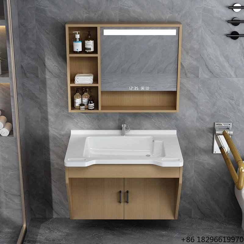 

Waterproof Wooden Bathroom Vanity With Integrated Sink Handrail Smart LED Mirror Cabinet For Home Hotel Elderly Use
