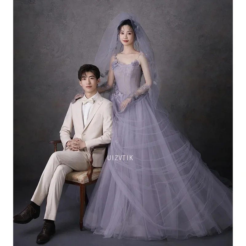 Puple Einfache Korea Lange Brautkleider Frauen Sexy Spaghetti-trägern Applique Fotos Schießen Brautkleid Elegantes A-Linie Prom Kleid