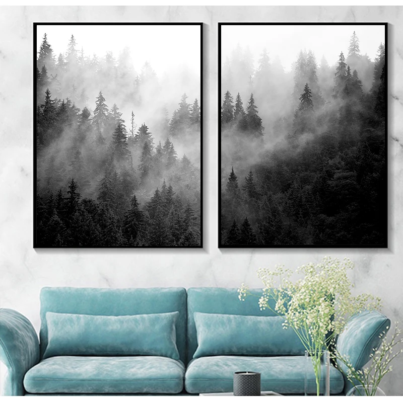 Nature Forest Black and White Tree Posters Foggy Forest Landscape Minimalist Wall Art Canvas Painting Posters for Home Decor