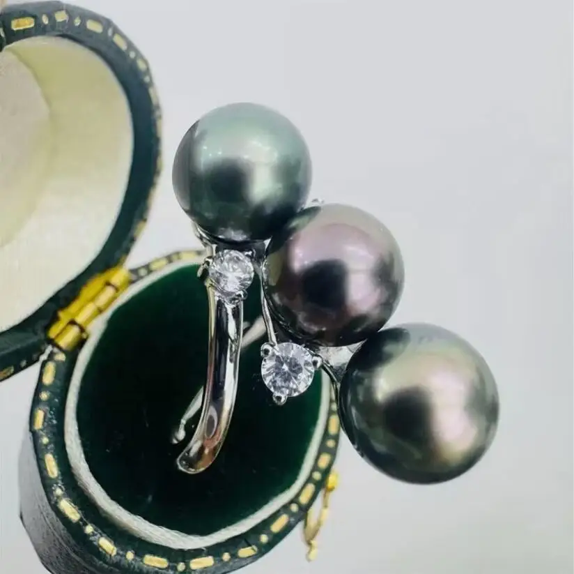 stunnng new design 8-9mm tahitain round black green pearl ring 925s