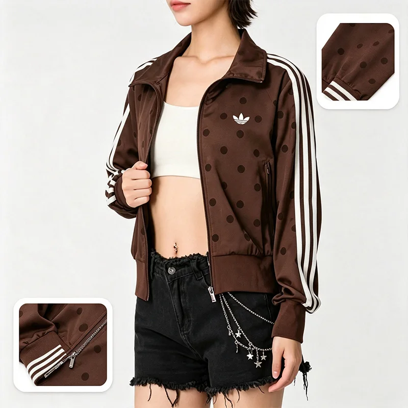 Adidas Trefoil Vintage Fashion Jack Women Knit Cropped Jacket Regular Fit Funnel Collar Full Zip Polka Dot Sports Outerwear 6