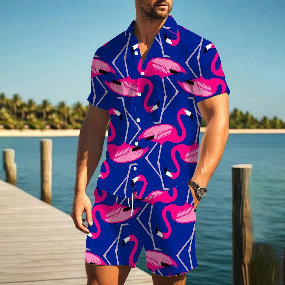 Summer Flamingo 3D Print Men Shirt Sets Short Sleeve Shirt Oversized Casual Beach Shorts Streetwear Hawaiian Suits Clothes