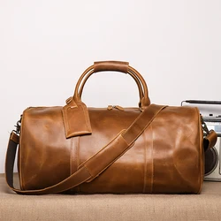 Vintage Men's Crazy Horse Leather Duffle Bag Large Capacity Genuine Leather Travel Bag Single Shoulder Bag 16 Inch Laptop