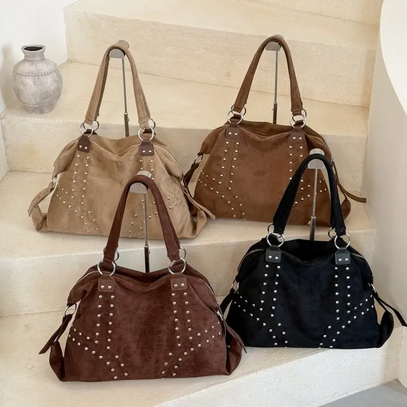 Black Suede Studded Hobo Bag With Adjustable Drawstring Sides Women Punk Style Shoulder Purse Large Capacity Daily Commuter Hand