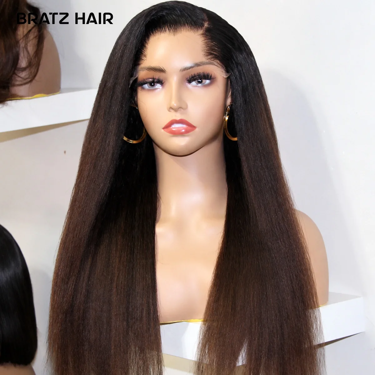 Human Hair Ombre Brown Yaki Straight Lace Front Wigs Pre Plucked 13x6 13x4 HD Transparent Lace Frontal Drawstring Glue-Free Wigs