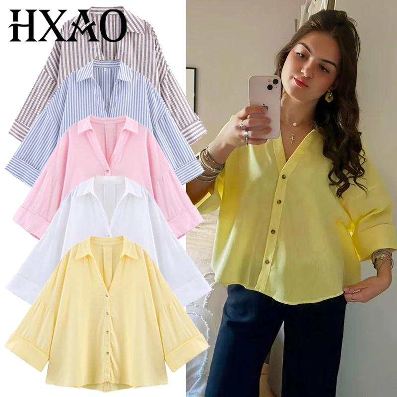 HXAO Women's Shirt Oversized Blouse Summer Shirt & Blouse Yellow Pink White Striped Shirt Elegant Large Size Long Sleeve Shirts