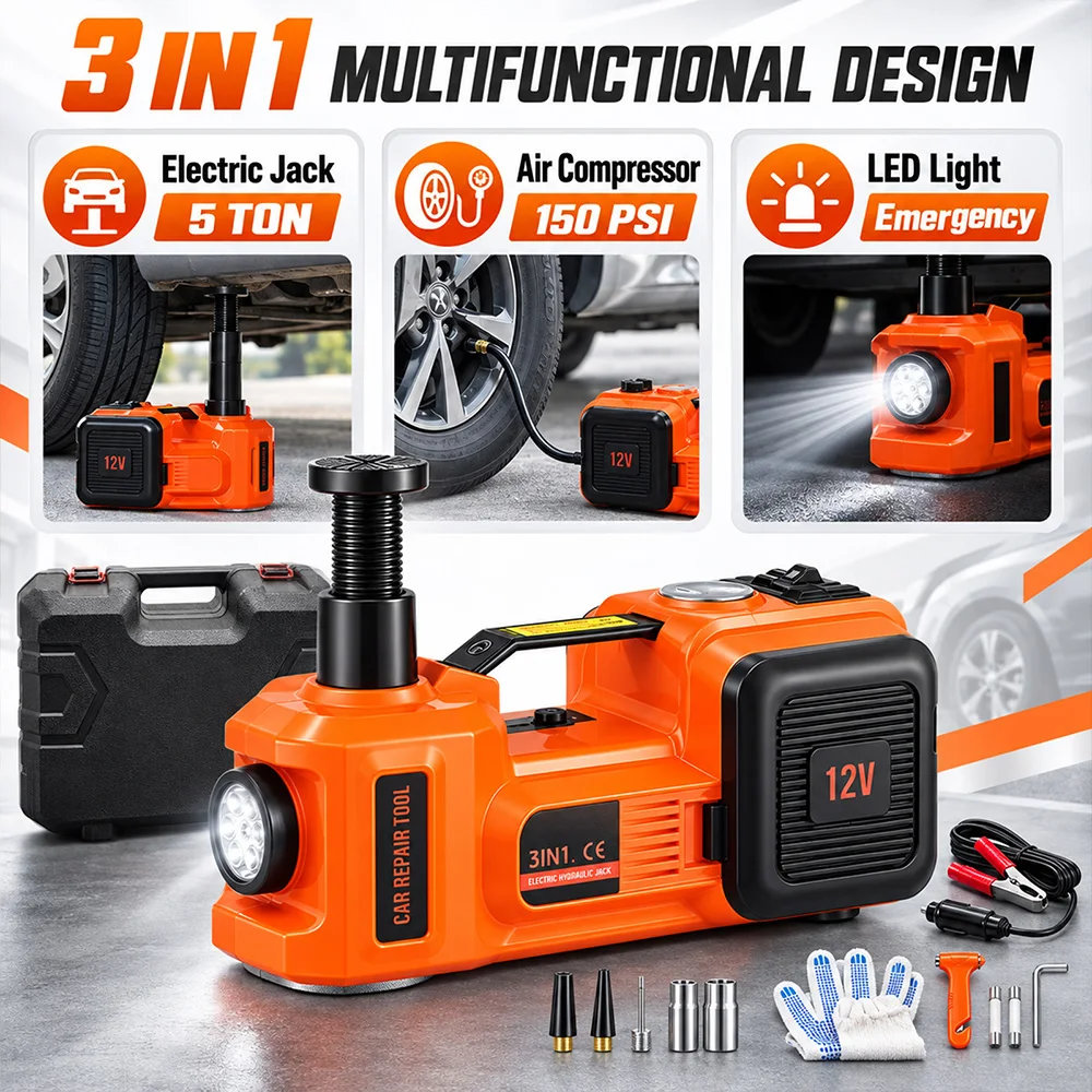 SIHAO 5Ton Car Electric Hydraulic Floor Jack Tire Inflator Pump and LED Flashlight 3in1 Set 12V With Safe Hammer QZ002 Red/Blue